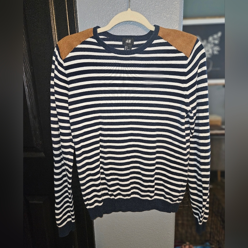 H&M Navy blue striped sweater with brown  suede shoulder. SIZE small